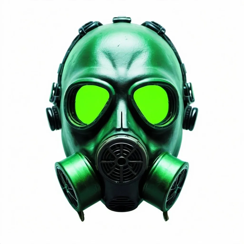 Prompt: white background broken cyberpunk gas mask neon green