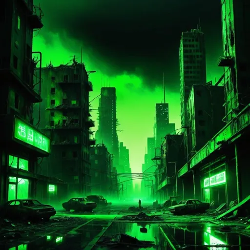 Prompt: post apocalyptic city scape dark neon green 