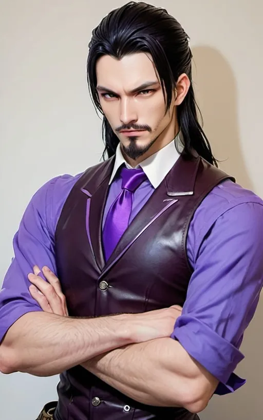 Prompt: Friendly demon, male, head and shoulder's, handsome human, long black hair, dark leather purple armor, anime, beard, purple tie
