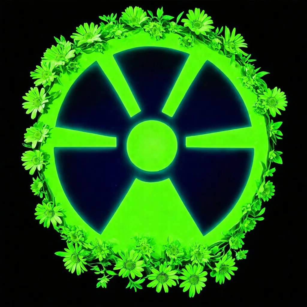 Prompt: Neon green mutated nuclear sign , flowers growing out of it. super natural ,
