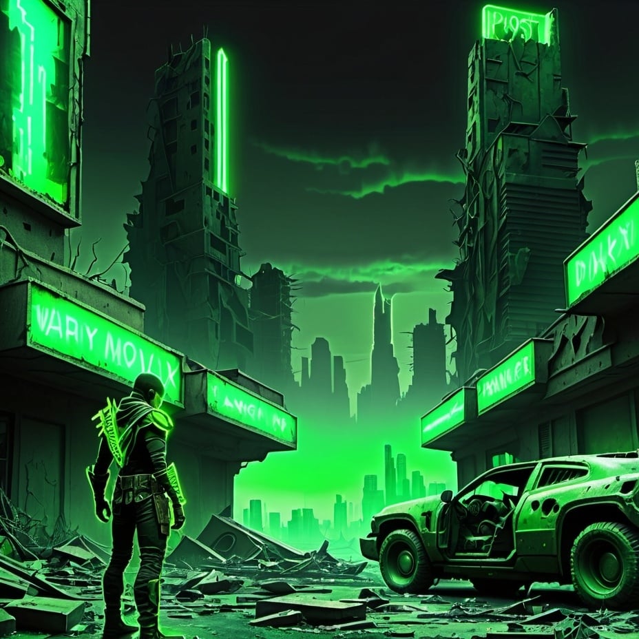 Prompt: Dark Neon Green post apocalyptical ranger ruined city scape in the back ground