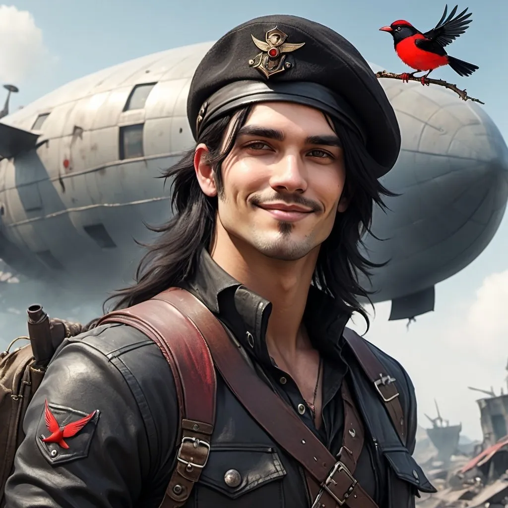 Prompt: Handsome Male fantasy Ranger with , long black hair, tiny red bird on shoulder, mischievous smile, slight beard, post apocalyptic, black beret , head and shoulders, Airship in the background, wearing aviators 
