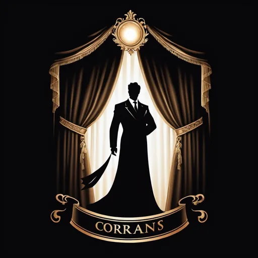 Prompt: Create a logo featuring curtains parting with a spotlight on a grand figure entering