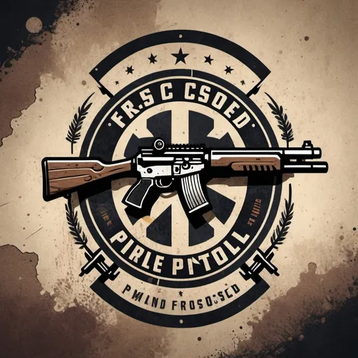 Prompt: Create a logo featuring a crossed rifle and pistol with a target in the background post apocalyptic