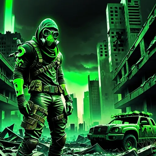 Prompt: Dark Neon Green post apocalyptical ranger with gass mask ruined city scape in the back ground