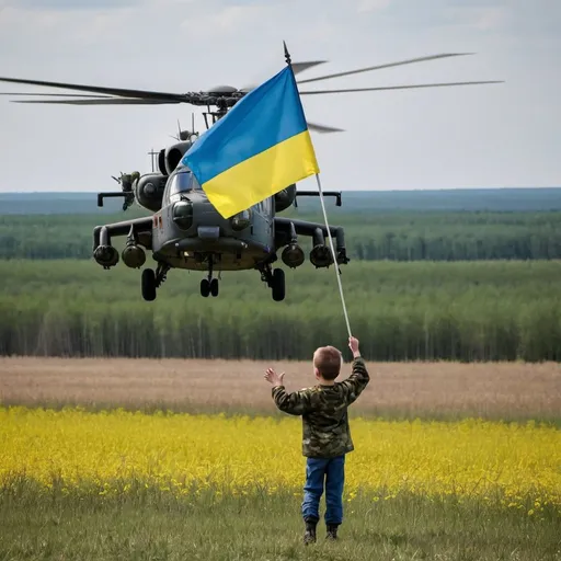 Prompt: A boy with a Ukrainian flag in his hands in a field greets with the Ukrainian flag the combat helicopters of the Armed Forces of Ukraine MI 24 flying on a combat mission. A Ukrainian Armed Forces helicopter is circling over the boy at a height of a couple of meters above the ground.