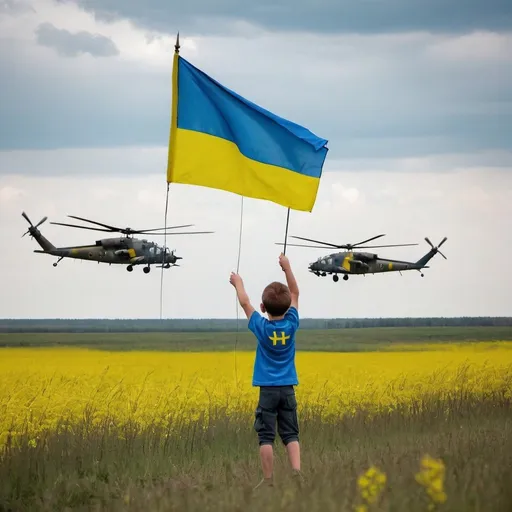 Prompt: A boy with a Ukrainian flag in his hands in a field greets with the Ukrainian flag the combat helicopters of the Armed Forces of Ukraine MI 24 flying on a combat mission. A Ukrainian Armed Forces helicopter is circling over the boy at a height of a couple of meters above the ground.