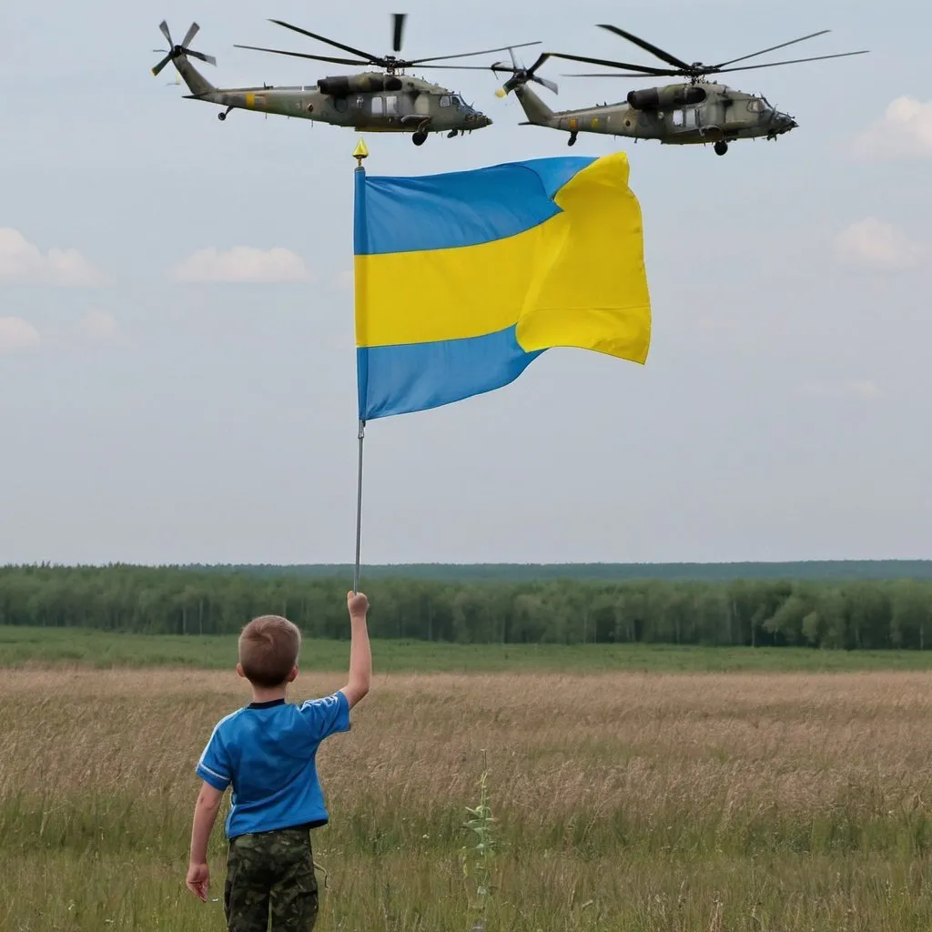 Prompt: A boy with a Ukrainian flag in his hands in a field greets with the Ukrainian flag the combat helicopters of the Armed Forces of Ukraine MI 24 flying on a combat mission. A Ukrainian Armed Forces helicopter is circling over the boy at a height of a couple of meters above the ground.