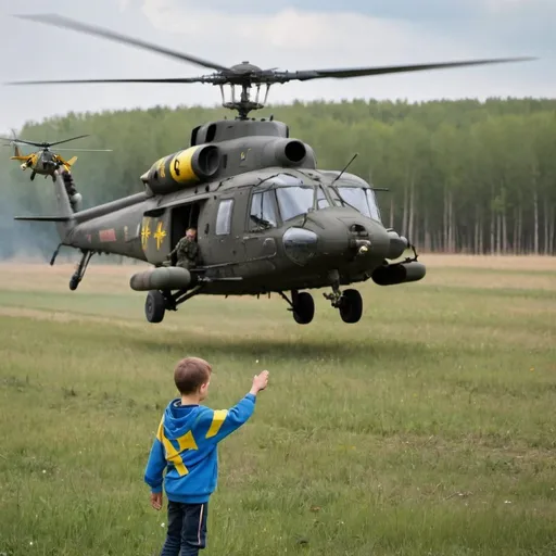 Prompt: A boy with a Ukrainian flag in his hands, in a field, meets combat helicopters of the Ukrainian Armed Forces that are flying on a combat mission. The Ukrainian Armed Forces helicopter circles the boy a couple of meters above the ground. Helicopters MI8