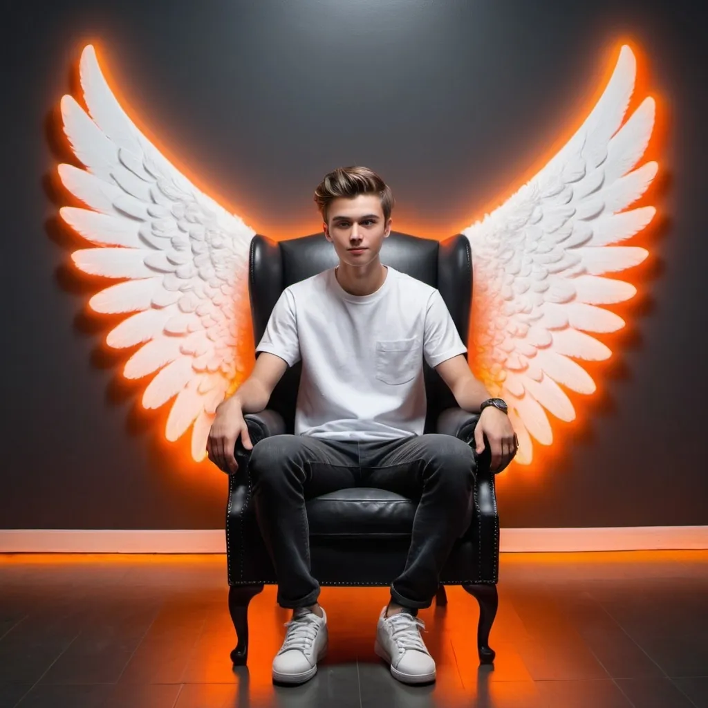 Prompt: Create a 3D illusion for a profile picture where a 25 Year old cute boy in a white shirt Sitting casually on a Wingback chair. Wearing sneakers, he looks ahead. The background features "96Takhari
" in big and capital Orange neon light fonts on the dark grey wall. There should not be his shadow, and there are wings to make it appear as if he is an angel -------------------------------------------------