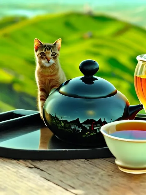 Prompt: Cat on table mountain on back
Tea pot