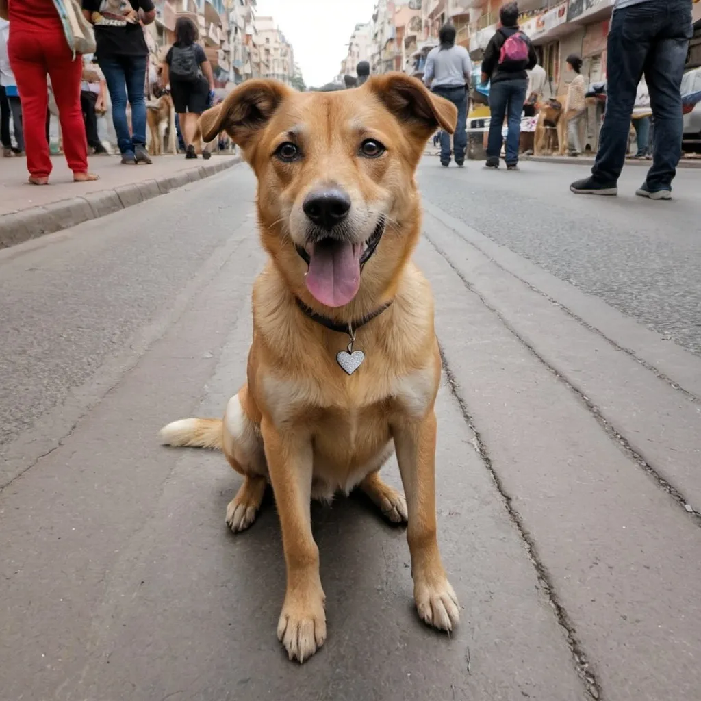 Prompt: un perro simpatico que mira con ojos de amor un amanecery que camina por las calles disfrutando la vida