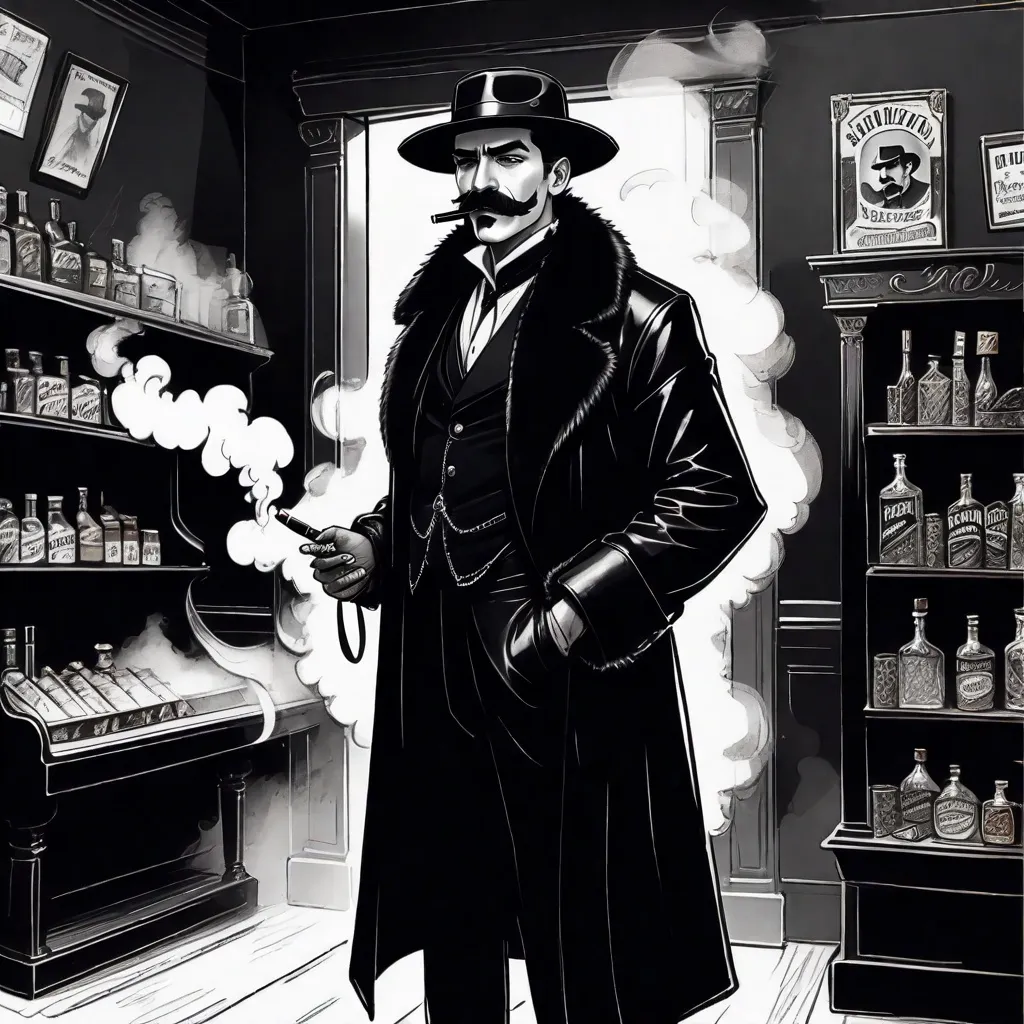 Prompt: sketchy Spanish looking businessman in the year 1911 dressed in all black, with a dark long leather coat with a long black fur collar and cuffs, a black bandana hanging around his neck, black short messy hair with el bandito mustache, Bolero hat with silver band, smoking cigar in a tobacco shop