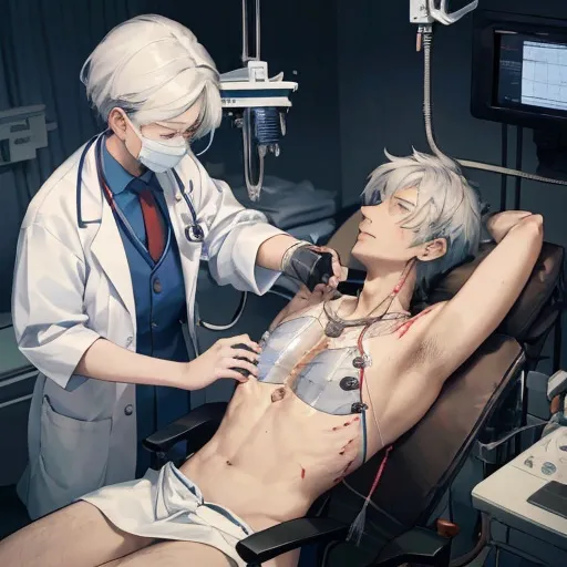 Prompt: A doctor placing a sthetoscope on a patient's bare chest. The patient has an open heart surgery scar on the chest and is conected to an IV drip