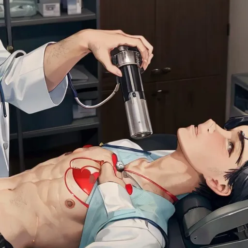 Prompt: A doctor placing a sthetoscope on a patient's bare chest. The patient has an open heart surgery scar on the chest
