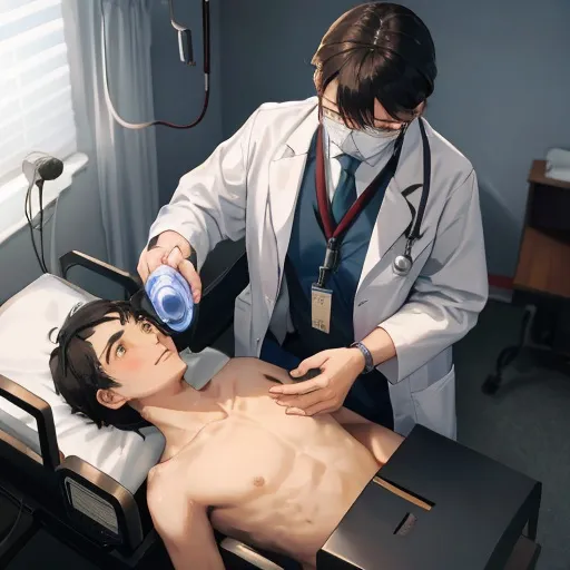 Prompt: A doctor placing a sthetoscope on a patient's bare chest