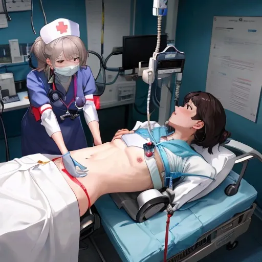 Prompt: A nurse placing a sthetoscope on a patient's bare chest. The patient has an open heart surgery scar on the chest and is conected to an IV drip