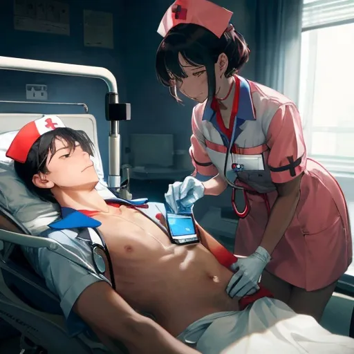 Prompt: A nurse placing a sthetoscope on a patient's bare chest