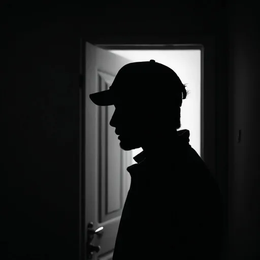 Prompt: Black silhouette wearing a cap hears something in his house. It is nighttime so it is dark