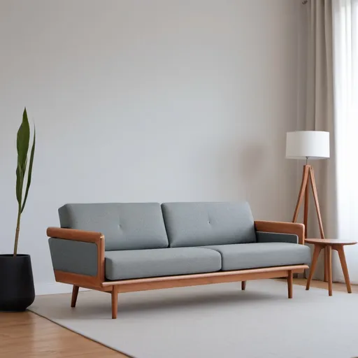Prompt: Mid century sofa with wooden arms in a minimalist room. Fabric of sofa is wool Construct collection from Luum fabrics
