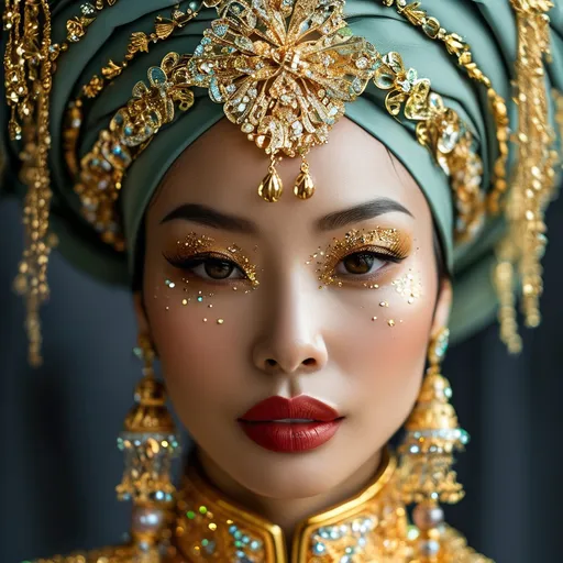 Prompt: Woman with head piece of jawelery and sparkle and gold fancy slay shiny expensive bijoux glamour all accessories extremely accessoriezed bijoux chinese dark