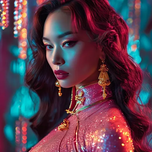 Prompt: Woman longue hair muscles gym jawelery and sparkle and gold fancy slay shiny expensive bijoux glamour all sparkle pink glitter vogue girly pink bijoux dark beauty gym power chinese eyes dark hair pretty fancy