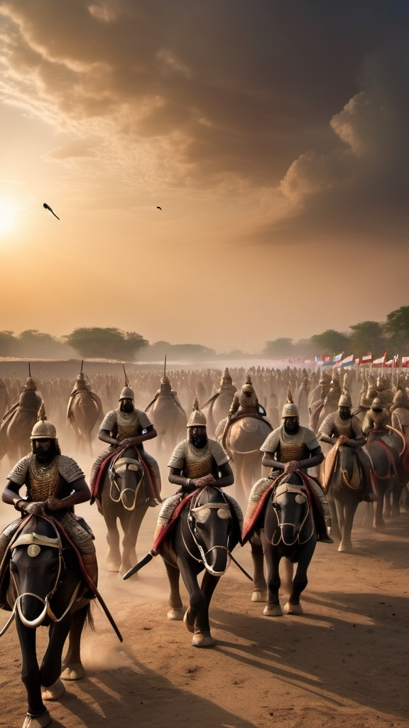 Prompt: "A panoramic wide-angle view of the Kurukshetra battlefield at dawn, capturing the vast expanse and intense atmosphere of the impending battle. The scene is filled with chariots adorned with flags, soldiers in traditional armor holding spears and swords, and a variety of ancient weapons scattered across the ground. In the distance, war elephants and horses are prepared for battle. The sky is a mix of ominous clouds and the first light of day, casting long shadows on the ground. The overall mood is tense and foreboding, highlighting the scale and significance of the upcoming conflict."