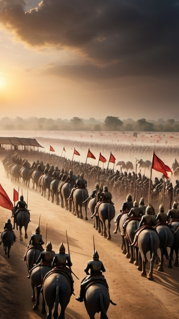 Prompt: "A panoramic wide-angle view of the Kurukshetra battlefield at dawn, capturing the vast expanse and intense atmosphere of the impending battle. The scene is filled with chariots adorned with flags, soldiers in traditional armor holding spears and swords, and a variety of ancient weapons scattered across the ground. In the distance, war elephants and horses are prepared for battle. The sky is a mix of ominous clouds and the first light of day, casting long shadows on the ground. The overall mood is tense and foreboding, highlighting the scale and significance of the upcoming conflict."