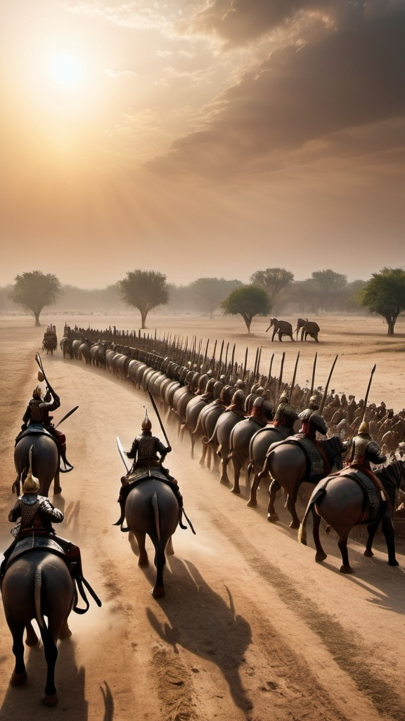 Prompt: "A panoramic wide-angle view of the Kurukshetra battlefield at dawn, capturing the vast expanse and intense atmosphere of the impending battle. The scene is filled with chariots adorned with flags, soldiers in traditional armor holding spears and swords, and a variety of ancient weapons scattered across the ground. In the distance, war elephants and horses are prepared for battle. The sky is a mix of ominous clouds and the first light of day, casting long shadows on the ground. The overall mood is tense and foreboding, highlighting the scale and significance of the upcoming conflict."