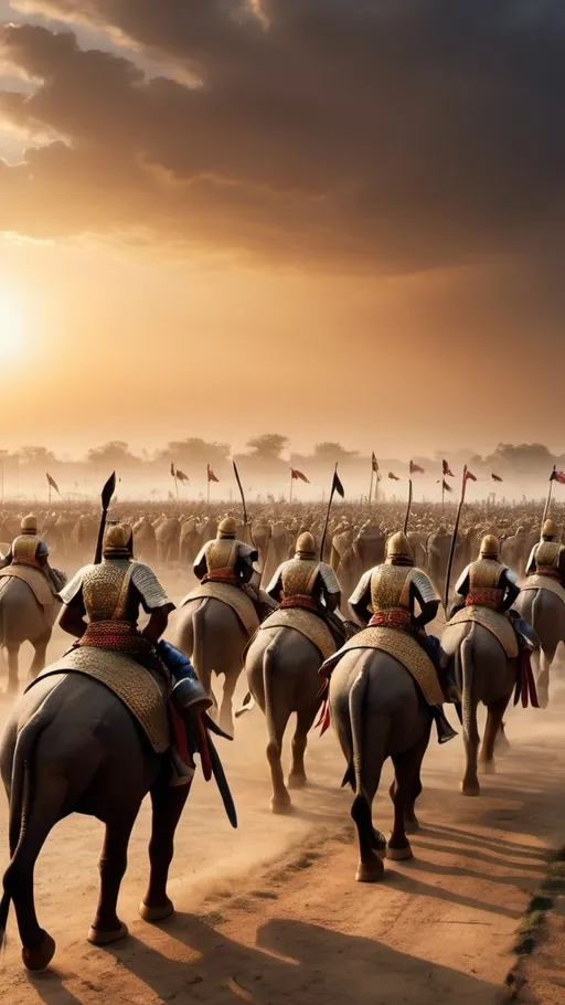 Prompt: "A panoramic wide-angle view of the Kurukshetra battlefield at dawn, capturing the vast expanse and intense atmosphere of the impending battle. The scene is filled with chariots adorned with flags, soldiers in traditional armor holding spears and swords, and a variety of ancient weapons scattered across the ground. In the distance, war elephants and horses are prepared for battle. The sky is a mix of ominous clouds and the first light of day, casting long shadows on the ground. The overall mood is tense and foreboding, highlighting the scale and significance of the upcoming conflict."