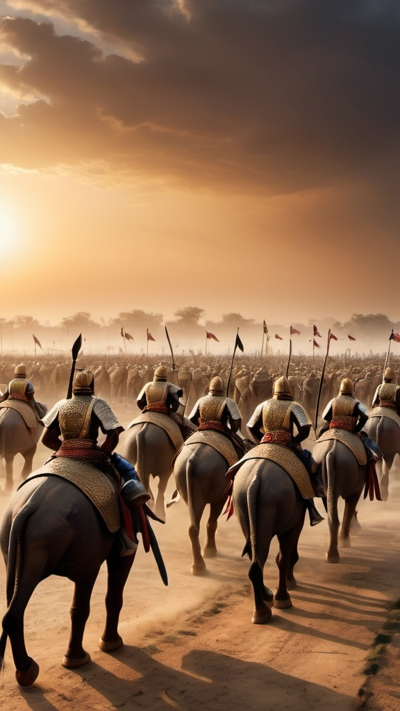 Prompt: "A panoramic wide-angle view of the Kurukshetra battlefield at dawn, capturing the vast expanse and intense atmosphere of the impending battle. The scene is filled with chariots adorned with flags, soldiers in traditional armor holding spears and swords, and a variety of ancient weapons scattered across the ground. In the distance, war elephants and horses are prepared for battle. The sky is a mix of ominous clouds and the first light of day, casting long shadows on the ground. The overall mood is tense and foreboding, highlighting the scale and significance of the upcoming conflict."