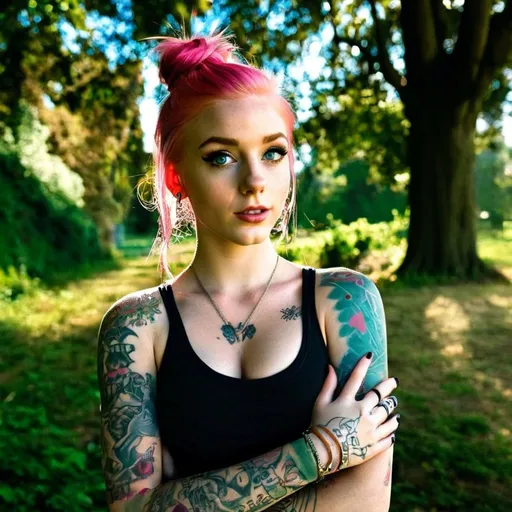 Prompt: (realism style), a girl with (pink hair) and (blue eyes), showcasing detailed (tattoos) on her arms, a small (nose piercing) adding an edgy vibe, relaxed pose, set in a vibrant park, surrounded by lush greenery and soft sunlight filtering through the trees, suggesting a cheerful and carefree atmosphere, (highly detailed, 4K).