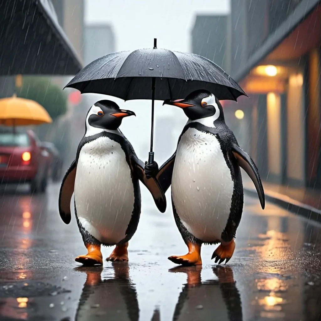 Prompt: Two penguins cartoon walking in the rain