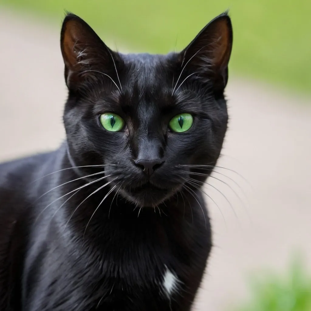 Prompt: A black cat with white markings and green eyes