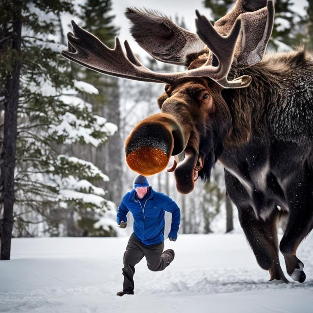 Prompt: a Canadian man running from a giant moose