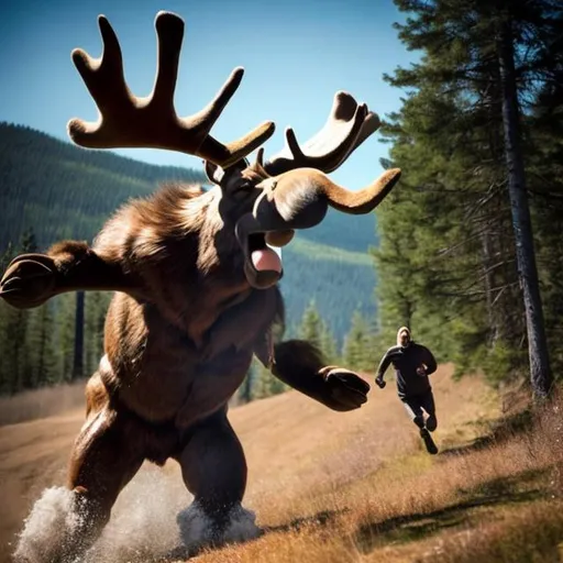 Prompt: a Canadian man running from a giant moose
