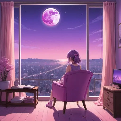 Prompt: Anime girl in a chair with a pink and purple room looking out at the moon and city