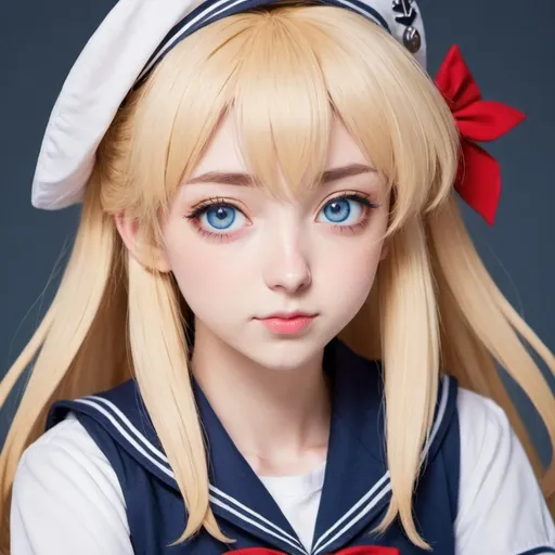 Prompt: Anime girl. With blonde odango hair. Blue eyes in a sailor suit