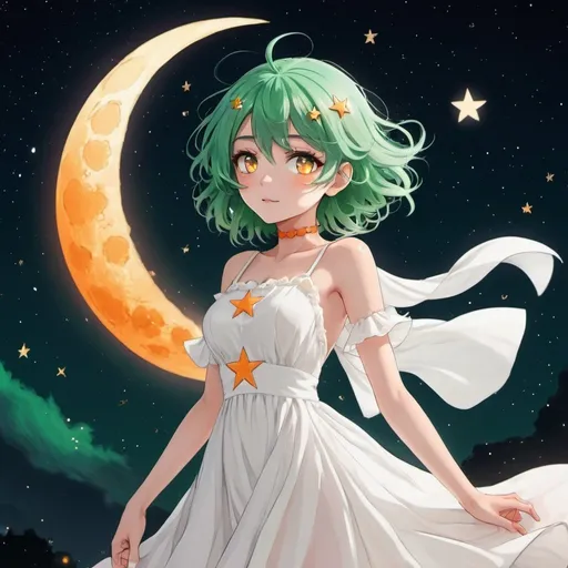 Prompt: Anime girl with green hair and orange eyes with stars in them flying through the air in front of the moon dressed in a white dress