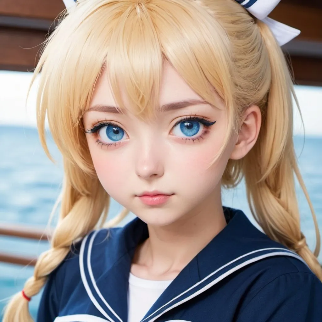 Prompt: Anime girl. With blonde odango hair. Blue eyes in a sailor suit