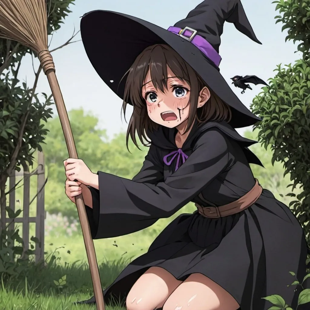 Prompt: A anime girl crying she has scratches all over her. She’s wearing a witch costume she fell In a bush and her broom is beside her