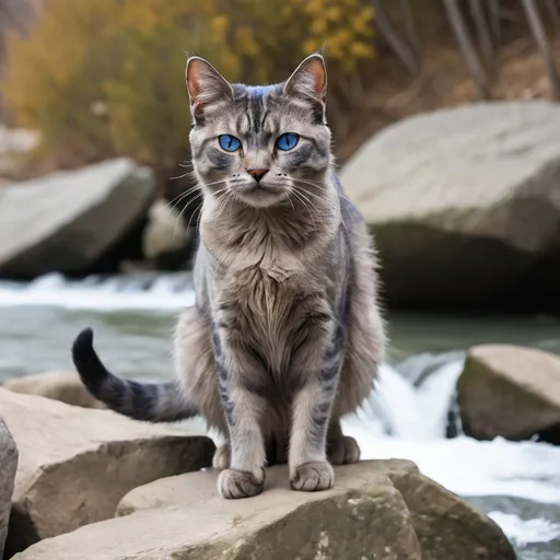 Prompt: A ragged gray male cat with dark blue eyes who stands on some rocks next to a river and hisses