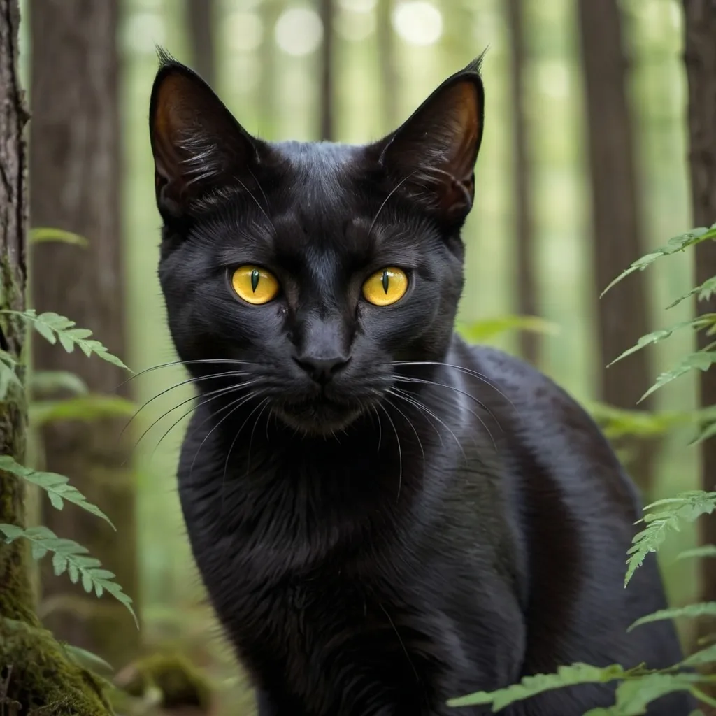 Prompt: A black male cat with dark yellow eyes and sleek fur. The cat is in a forest hunting.