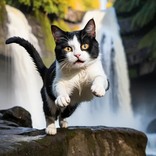 Prompt: A leaping black and white male cat with amber eyes in front of a waterfall