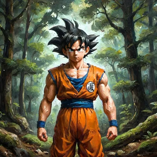 Prompt: goku staring in the forest