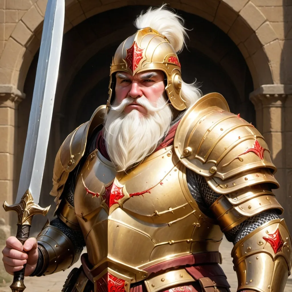 Prompt: a big guy with white hair and short bread with gold armor that has red paint on the sides and his helmet and huge big gold sword