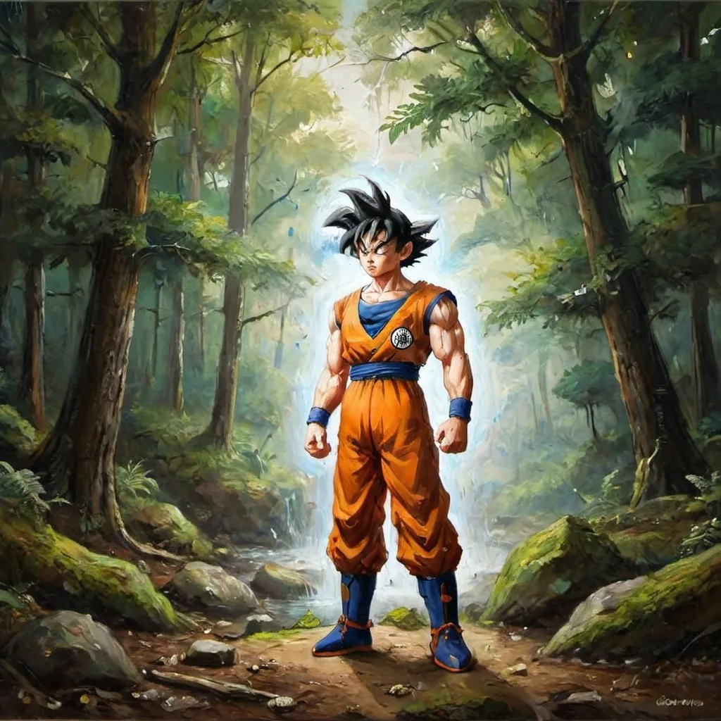 Prompt: goku staring in the forest