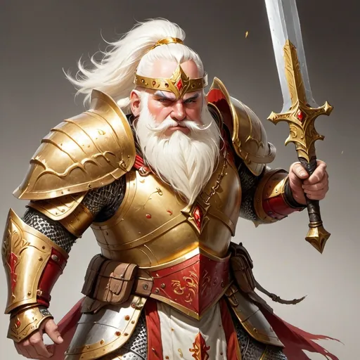 Prompt: a big guy with white hair and short bread with gold armor that has red paint on the sides and his helmet and huge big gold sword