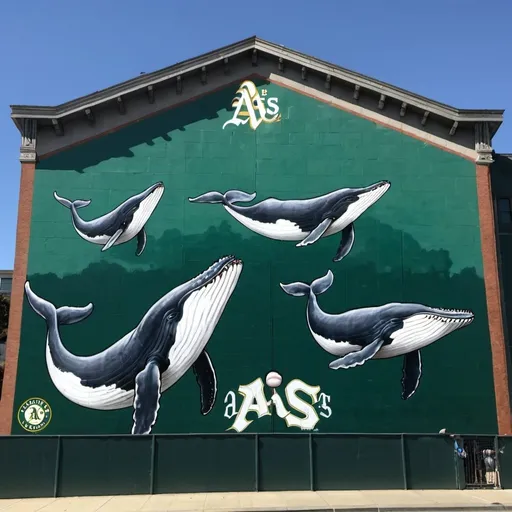 Prompt: Mural of whales wearing Oakland A’s baseball jerseys 