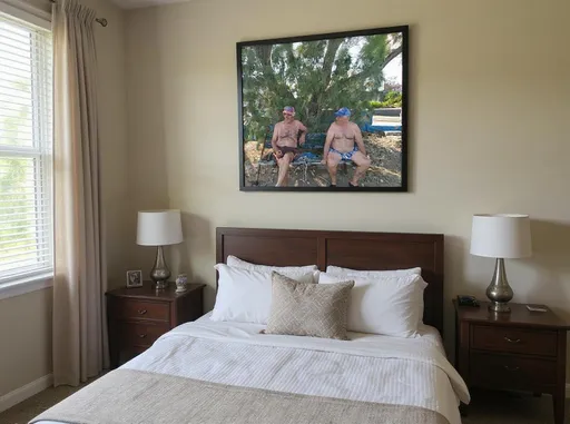 Prompt: Create a frame with the photo then put it in a fine bedroom 

The Kaley Cuoco in the room taking selfie